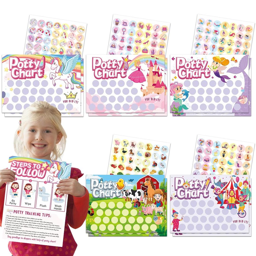 5 x 5 Fun Styles Potty Training Chart Unicorn Castle Reward Stickers 10 Mermaid Farm Poop Chart with 315 Clown Potty Training Stickers for Toilet Success Toddlers Boys Girls