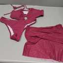 MakeMeChic Women's 3 Piece Bathing Suits Halter Ring Bikini Set with Cover Up Skirts HOT PINK medium