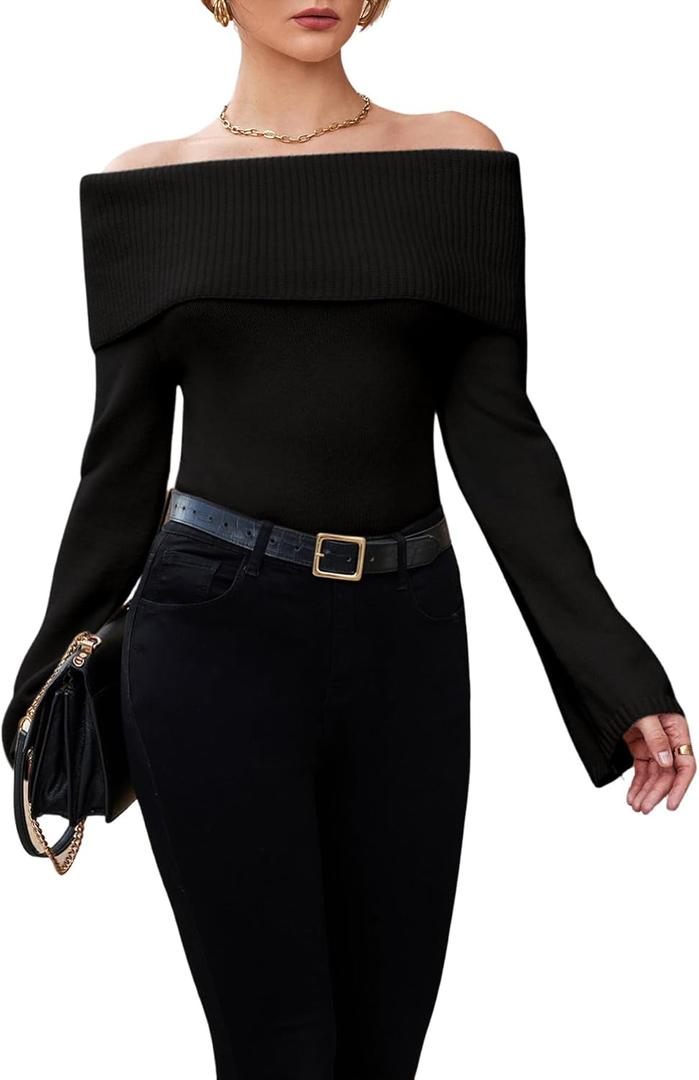 GORGLITTER Women's Off The Shoulder Sweater Long Sleeve Ribbed Knit Pullover Top Trendy Fall Outfits 2025 (L)