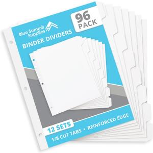 Blue Summit 3 Ring Binder Dividers with Tabs, Reinforced Edge, 1/8 Cut, Letter Size, 8 Tab Dividers for 3 Ring Binder Bulk, White, 12 Sets, 96 Pack