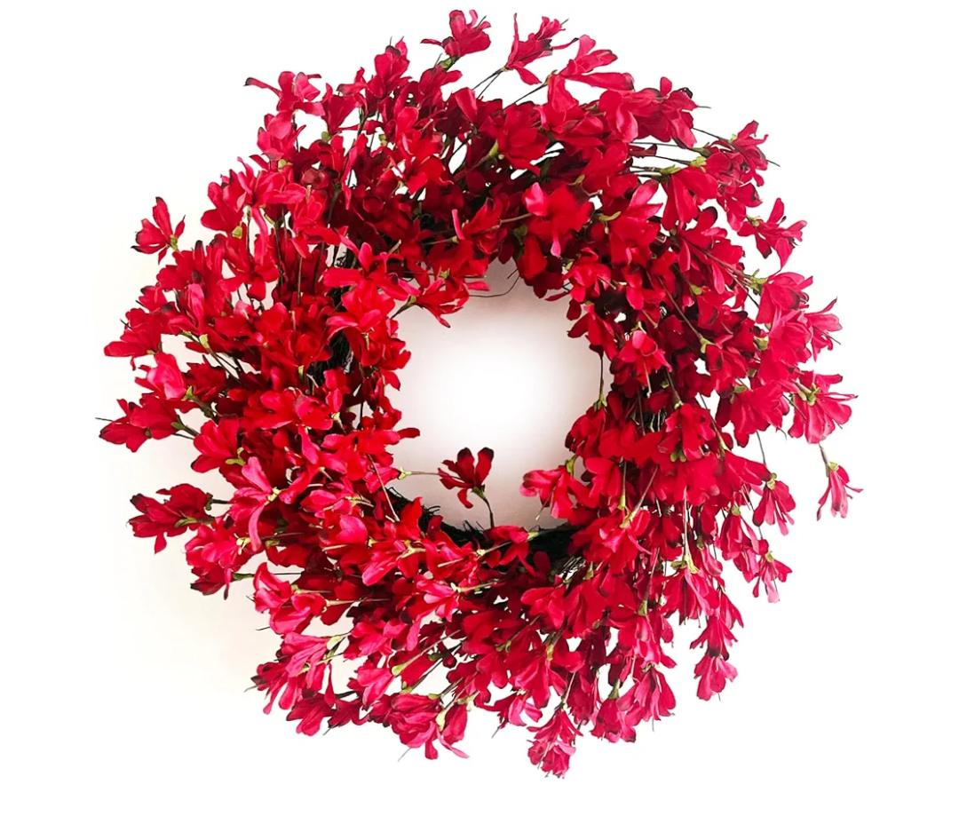 Spring Wreath for Front Door, 24 Inch Spring Red Forsythia Wreath Blossom Cluster Flower Farmhouse Wreath on Grapevine for Front Door Wall Window Decoration Home Decor Festival Celebration