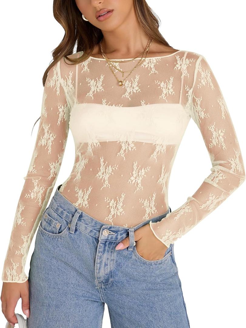 KTILG Womens Y2k Sexy Sheer Lace Long Sleeve Layering Top Embroidered Seamless Mesh Shirt Going Out Tops Creamy XL