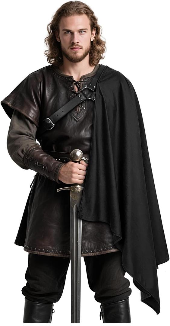 L'VOW Steampunk Shawl Half Shoulder Cape Samurai Cloak with Belt LARP Warrior Cape Medieval Halloween Costume for Men (Black, M)