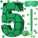 Gemscream Number 5 Cartoon Turtle Theme Piata Set 13.7 x 9.8 x 1.9 Inch Green Turtle Piata with Blindfold Stick and Confetti for Kids Boys Girls Animal Birthday Decoration Supplies Game Props