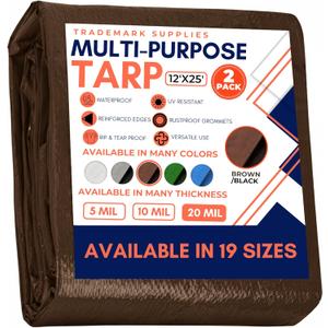 Tarp Cover Brown/ Black 2-Pack Heavy Duty 20 Mill Thick Material, Waterproof, 12'X'25, Great for Tarpaulin Canopy Tent, Boat, RV Or Pool Cover (Poly Tarp 12X25, Ultra Thick)