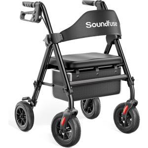 Soundfuse Foldable Rollator Walker for Seniors with Seat, 8'' PU Wheels, Black
