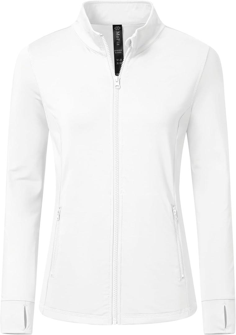 MoFiz Women's Full Zip Hiking Shirt Lightweight UPF 50+ Sun Protection Running Jacket Long Sleeve Sports Outdoor Top Pocket (Medium, 2024-white-fleece)