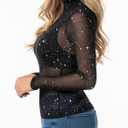 MANGOPOP Women's Glitter Mesh Top Long Sleeve Sexy See Through Sheer Stretchy Sparkly Going Out Tops (XS)