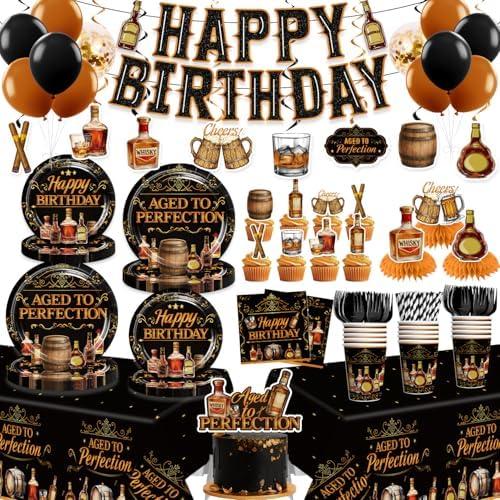 Yingoto Aged to Perfection Birthday Decorations for Men – 207PCS Whiskey Birthday Decorations Set with Plates, Napkins, Cups, 2 Tablecloths, Balloons, Banner & Cupcake Toppers, Serves 25 Guests
