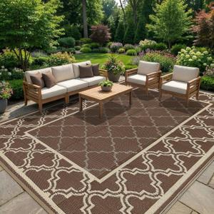 Garvee Reversible Outdoor Rug 9x12, Waterproof Outdoor Plastic Straw Rug with Interlacing Pattern, RV Mat for Picnics, Patio, Camping, Balcony, Deck, Backyard, Porch, Brown