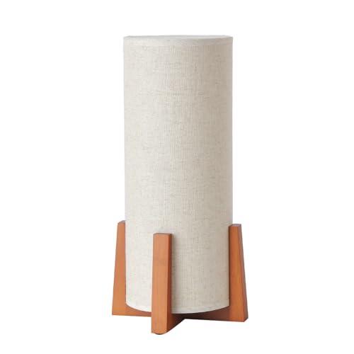 KUNJOULAM Modern Table Lamps, Nightstand Lamp with Linen Fabric Shade Brown Wooden Base, 13.9" Cylinder Bedside Table Lamp for Bedroom, Cafe, Living Room Home Decor