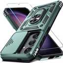 Janmitta Compatible with Samsung Galaxy S24 FE Case Built in Slide Camera Lens Cover+Screen Protector+Finger Ring Holder Kickstand,Heavy Duty Shockproof Full Body Phone Cover,2024 Dark Green