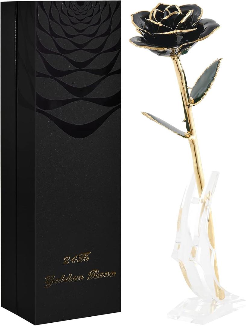 SW Rose Gifts for Women Forever Black Gold Dipped Rose 24k Gold Plated Eternal Flower Rose Birthsday for Her Mom Women Anniversary Valentines Day Mothers Day