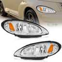 WEELMOTO Headlights for 2001-2005 Chrysler PT Cruiser Compatible with 2001 2002 2003 2004 2005 Chrysler PT Cruiser Replacement Automotive Headlight Assemblies Chrome Housing Amber Reflector