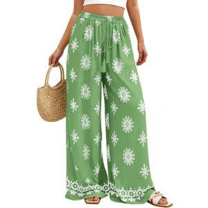 PRETTYGARDEN Women's Wide Leg Palazzo Pants 2026 Summer Boho Floral Trousers Spring Flowy Beach Vacation Clothes Resort Wear (Light Green, X-Large)