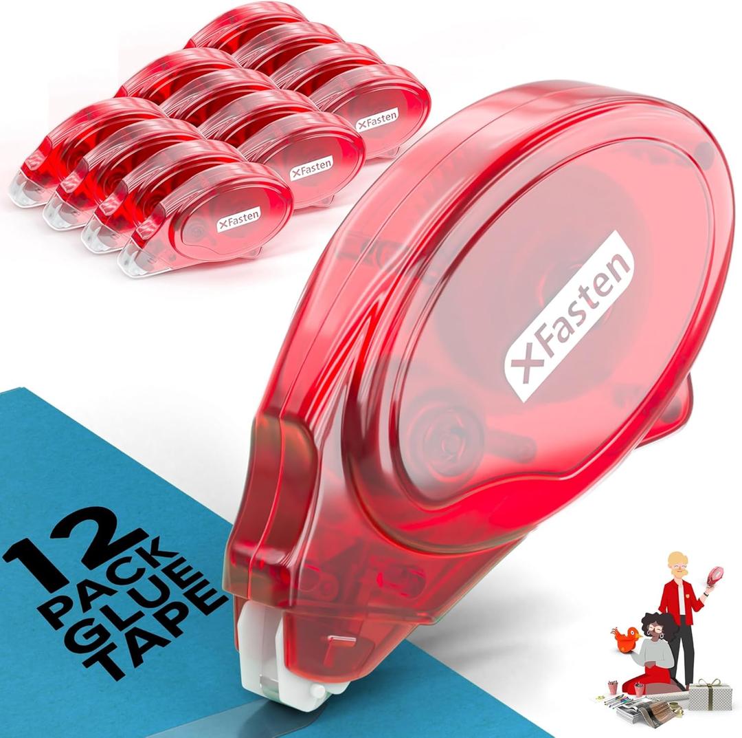 XFasten Adhesive Roller for Scrapbooking, 8mm x 30ft 12-Pack Double Sided Glue Tape Roller Scrapbook Supplies for Adults, Photo Tape for Scrapbooking (Red Shell (Clear Tape))