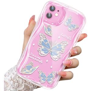 2 x Compatible for iPhone 12 Case, Pretty Butterfly Print Three-Dimensional Wave Clear Case for Girls Women, Soft Full Package Anti-Fall Cover for iPhone 12, Water Blue Butterfly