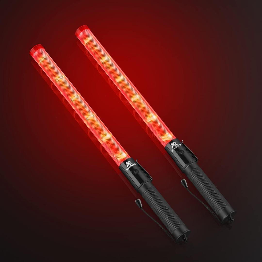 RoadHero 2 Pack Traffic Wand, 21 Inch Led Traffic Control Wands with 2 Flashing Modes, Safety Light Baton with Side Clip for Airport, Parking, Car Directing (Red)