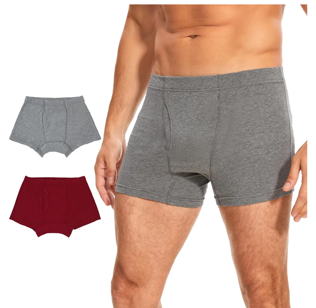 Men's Incontinence Underwear Boxer Briefs - Cotton Washable Urinary Leakproof Panties with Fly, Enhanced Front & Rear Protection 120 ml Absorbency (2 Pack, L, Gray/Burgundy)