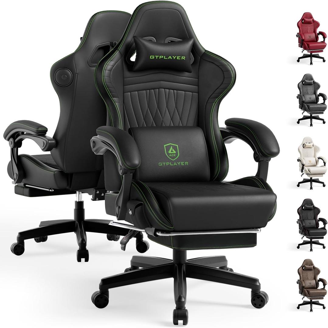 GTPLAYER ACE-PRO Music Gaming Chairs  Built-in Speakers, App Support & Bluetooth Control, Computer Game Chairs with Footrest for Adults, Ergonomic, Reclining, Linkage Armrest, Black & Green Stitch