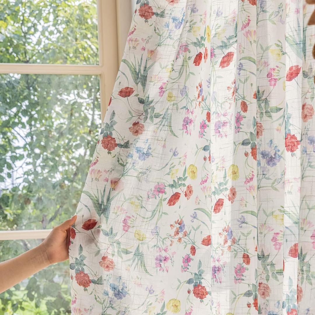 Red Floral Semi Sheer Curtains Linen Textured for Living Room 84 inches Long Rod Pocket 2 Panels Print Green Wildflower Light Filtering Window Drapes for Dining Bedroom