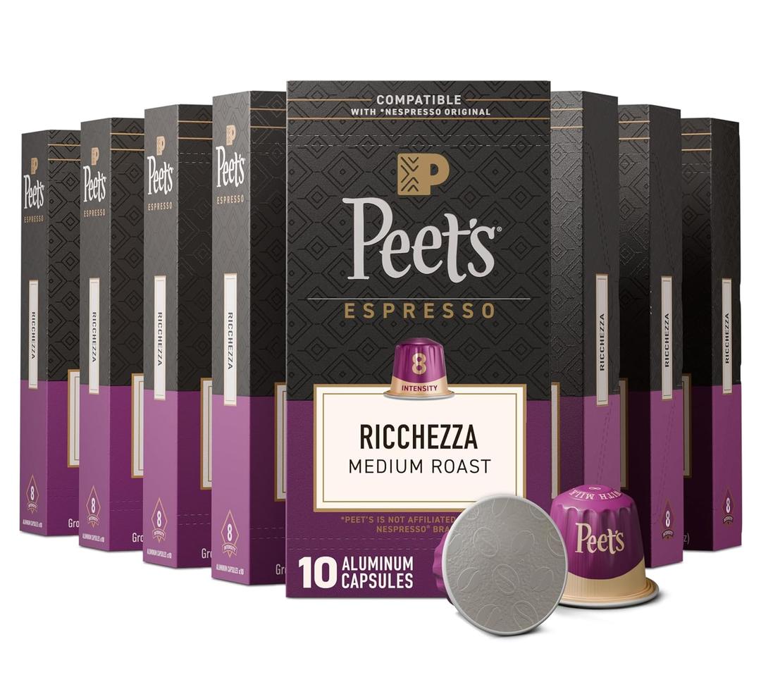 Peet's Coffee, Medium Roast Espresso Capsules, Compatible with Nespresso Original Machine, 100% Arabica Coffee - Ricchezza Intensity 8, 100 Count (10 Boxes of 10 Espresso Capsules) (EXP 06/30/27)