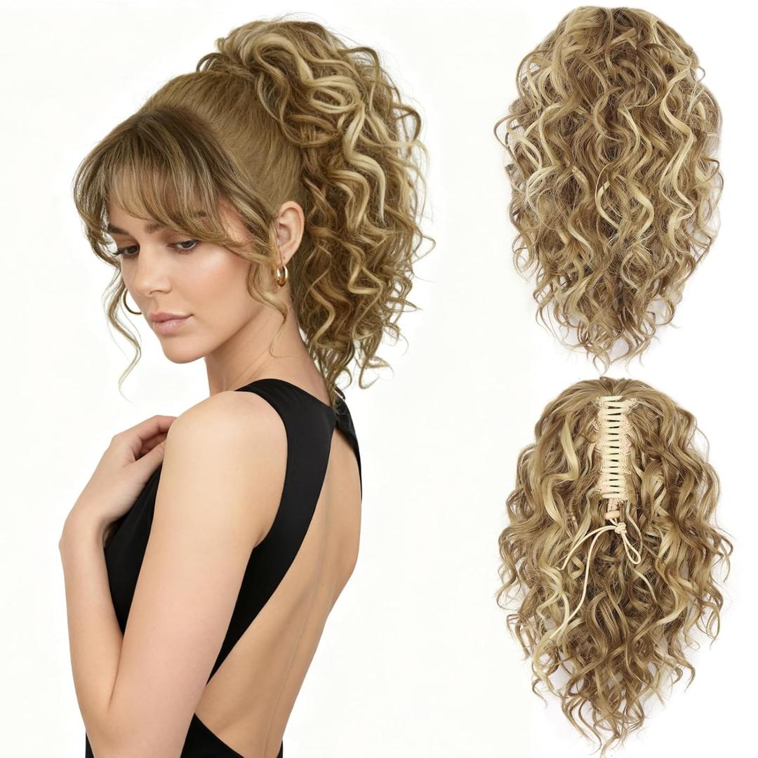 12 Inch Blonde Ponytail Extension - Curly Pony Tails Hair Extensions, Claw Clip Ponytail Extension, Synthetic Clip in Ponytail Hair Extensions (Color: Dark Blonde with Beige Blonde Highlights)