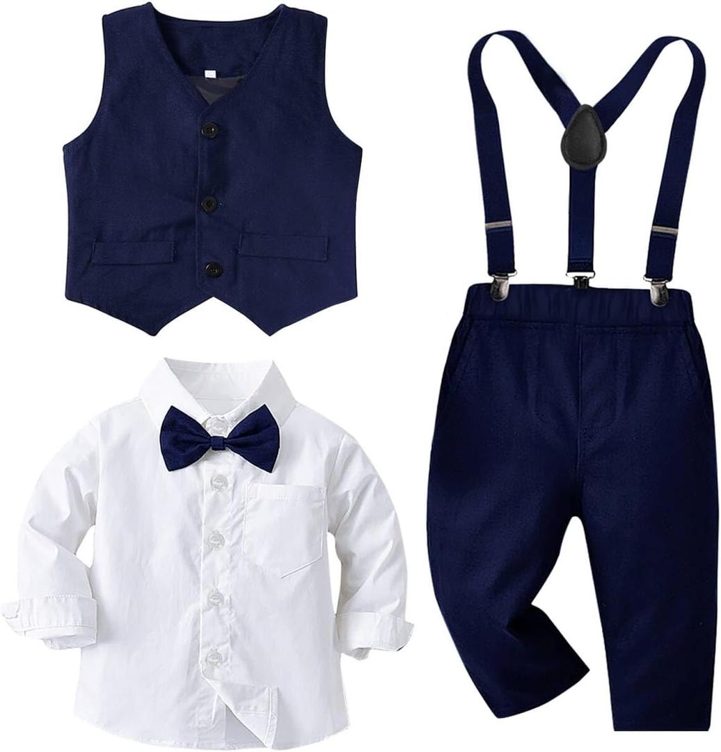 Toddler Baby Boy Clothes Suit 5Pcs Gentleman Wedding Party OutfitsFormal DressShirt+Bowtie+Vest+Suspender Pants,12M-5T (18-24 Months, Navy Blue)