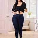 Women's Plus Size Sheer Mesh Chiffon Blouses Tie Front Half Sleeve Crop Cardigan Shrug (Black, L)