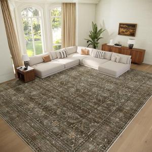 Washable 10x14 Area Rugs for Living Room, Boho Non-Slip Vintage Distress Large Rugs for Bedroom Dining Room Office, 0.3" Neutral Oriental Throw Thin Carpet, Rust/Multi, D2