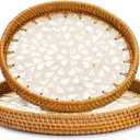 Frcctre 2 Pack Round Rattan Tray with Mother of Pearl Inlay, Rattan Serving Tray with Wooden Base, Decorative Wicker Basket for Bread Fruit Food Coffee Breakfast, Storage and Display, 2 Sizes