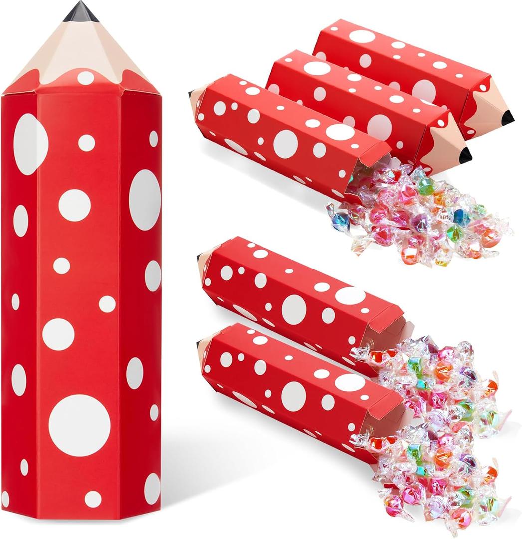 Feifeiya 24 Pcs Back to School Party Supplies Pencil Gift Boxes Red Pencil Shaped Candy Boxes First Day of School Decorations Treat Bags for Classroom Party Favor