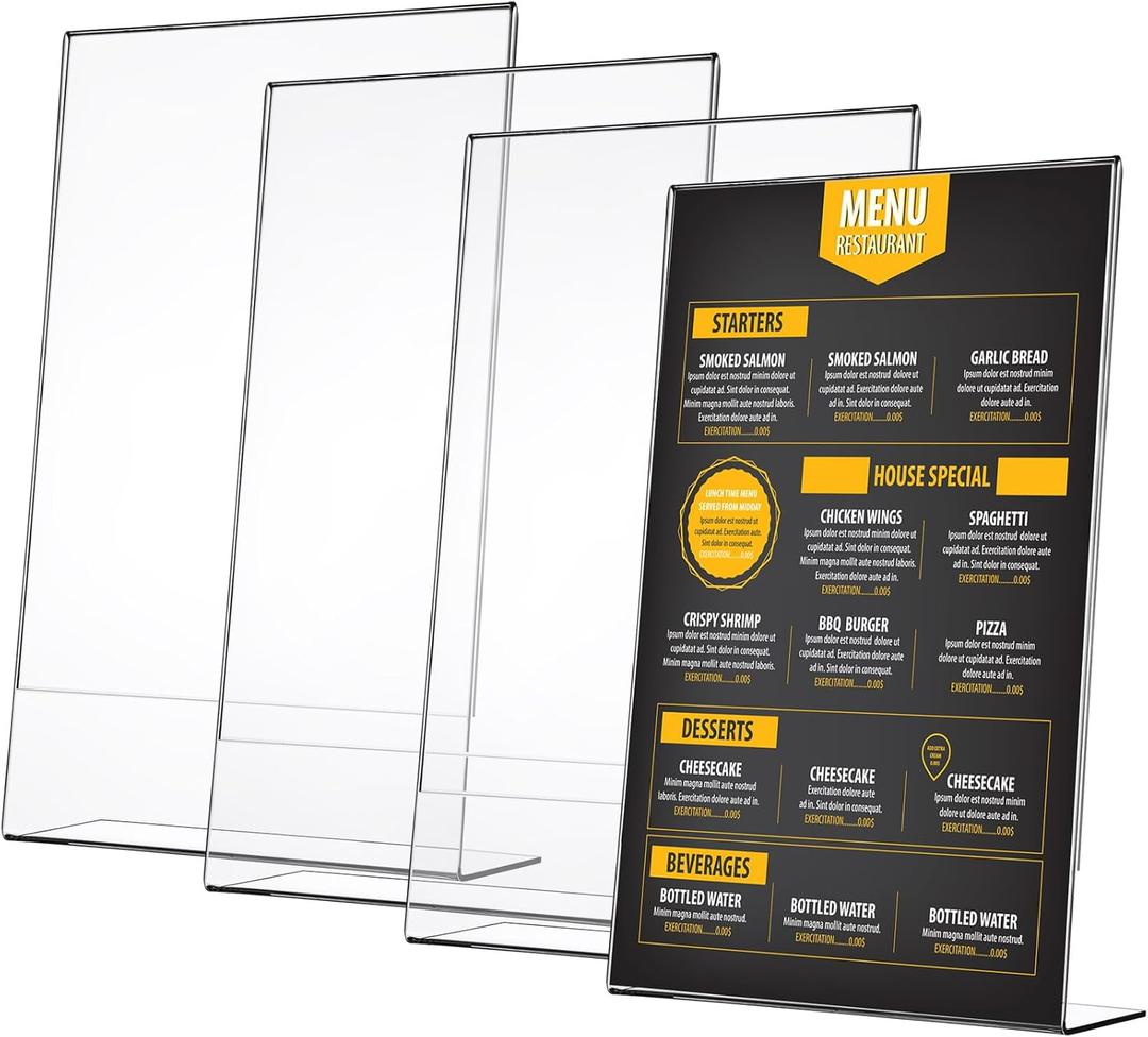 Wenqik 4 Packs 8. 5" x 14" Sign Holders Vertical l Shape Frame Acrylic Document Holder Side Loading Clear Flyer Holder Slanted Desk Paper Display Stand Graphic Poster Shelf for Restaurants Office