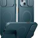 SURITCH for iPhone 14 Plus/15 Plus Case with Magnetic Camera Slide Cover and Adjustable Kickstand, Compatible with MagSafe, Shockproof Bumper Case Slim Protective Cover 6.7 Inch, Lake Green