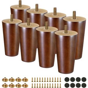 FoDau770 Brown Rubber Wood Furniture Legs 4 Inches, Straight Tapered Wood Feet Mid Century Sofa Legs Set of 8, 5/16" UNC Furniture Feet for Cabinet Couch Dresser Chair Ottoman Table