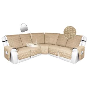 HDCAXKJ 100% Waterproof Reclining Sectional Couch Covers L Shape Recliner Sofa Cover Washable Quilted Soft Pet Dog Corner Recliner Slipcovers with Pockets (5 Seat Recliner Couch, Natural)