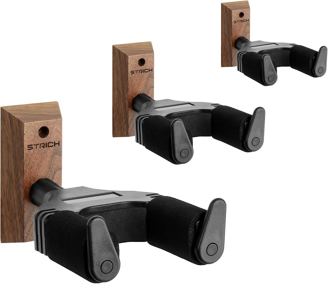 STRICH Guitar Wall Mount,Walnut Base Guitar Hanger,U-Shaped Guitar Wall Hanger Mount with Screws,Auto Lock Guitar Holder Hook Stand for Acoustic, Electric Guitar, Banjo, Bass(3-Pack)