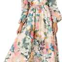 LOZ Womens Long Sleeve Dresses 2026 Summer V-Neck Multicolor Floral Dresses (Green, XL)