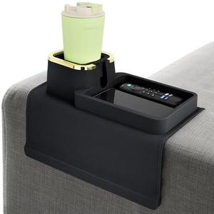 Couch Cup Holder Tray, Elimiko Silicone Anti-Spill and Anti-Slip Couch Drink Holder, Strong and Weighted Phone/Remote/Snacks Sofa Cup Holder (Black)