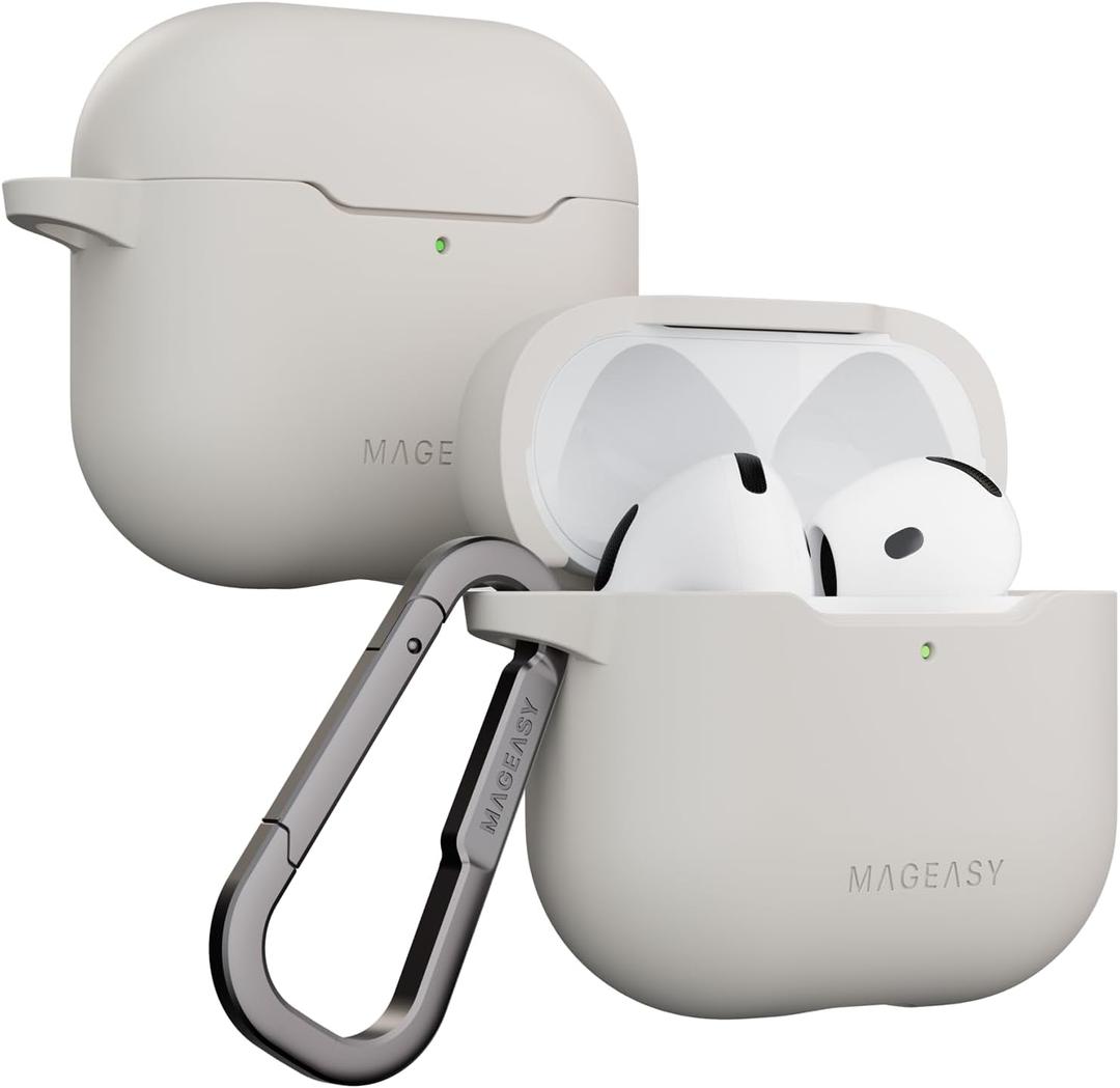 MAGEASY Skin Case for AirPods 4 (2024) with Carabiner Clip, Shockproof Protective TPU AirPods 4th Generation Cover, Stain-Resistant, Smooth Soft-Touch, Wireless Charging Compatible (Starlight White)
