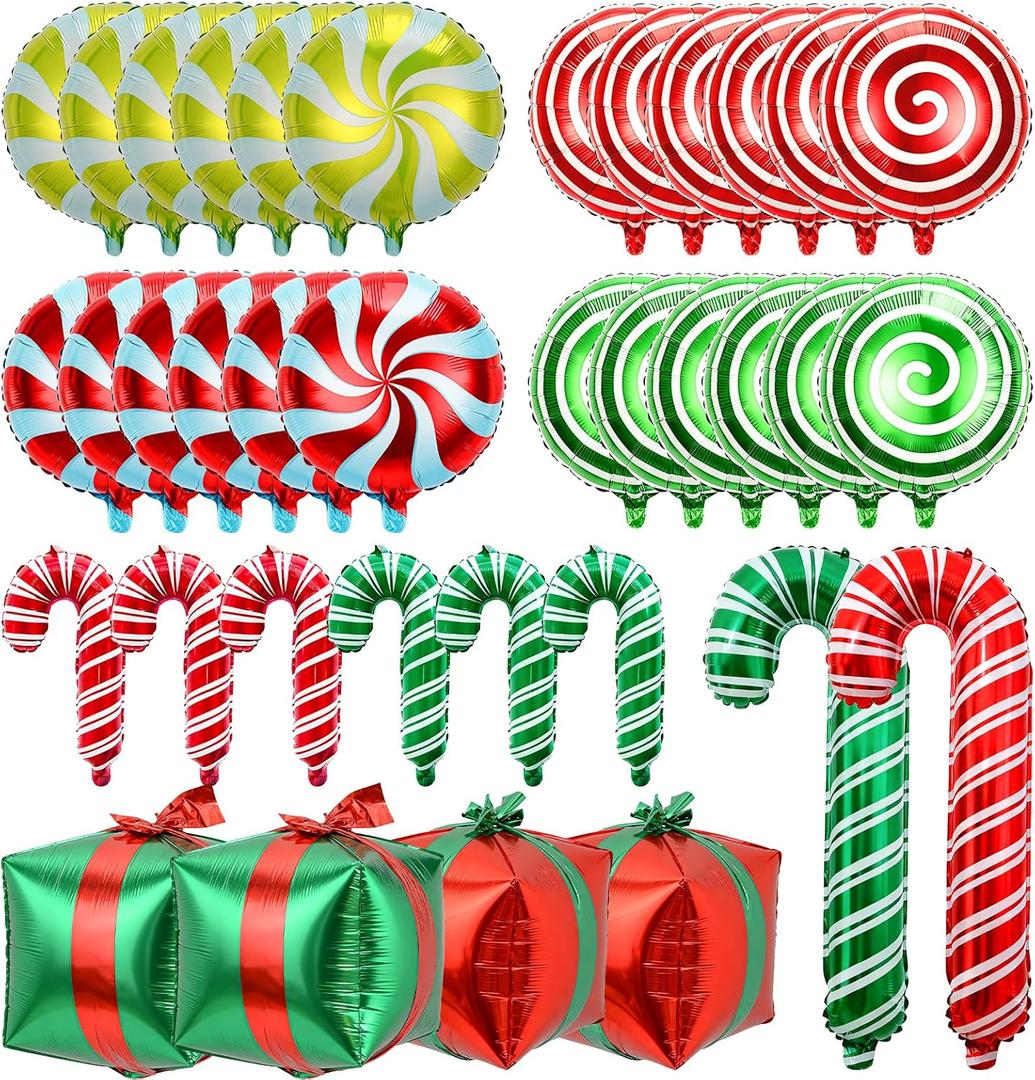 36Pcs Christmas Foil Balloons, Large Candy Cane Present Mylar Balloon Christmas Balloons Decorations for Winter Wonderland New Year Birthday Xmas Party Decorations