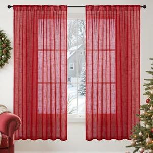 YoungsTex Red Linen Semi Sheer Curtains 68 Inch Length - Light Filtering Drapes with Back Tab Rod Pocket Lightweight for Living Room Window, 2 Panels, 52 X 68 Inch