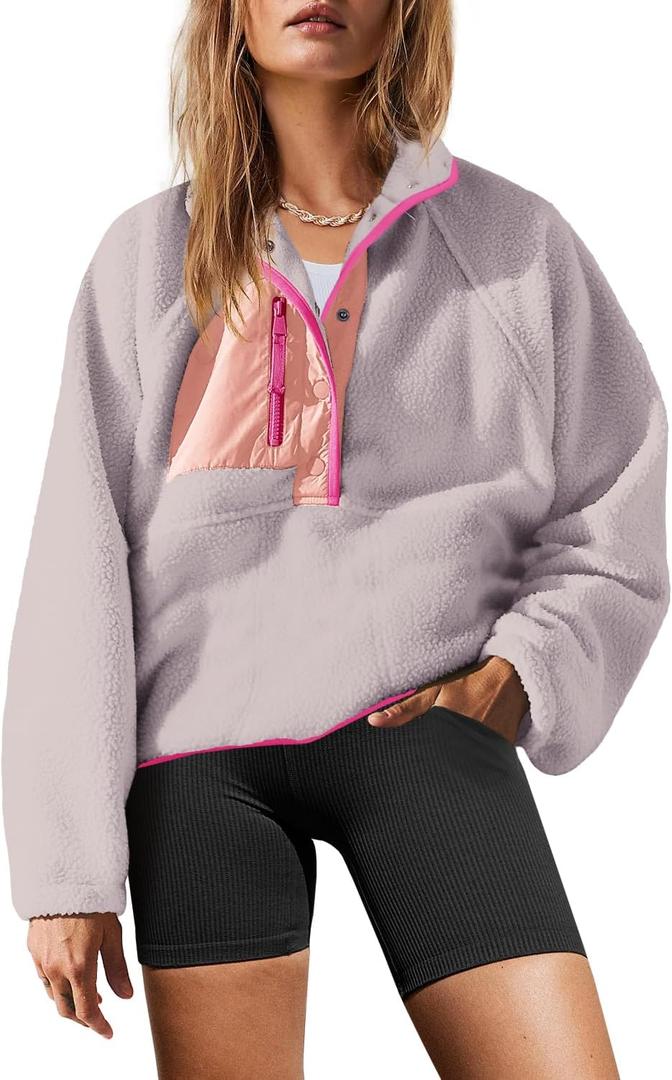 Yanekop Womens Fuzzy Fleece Pullover Sherpa Sweatshirt Long Sleeve Button Down Sweater Jacket with Pockets (Medium, Purple Pink)