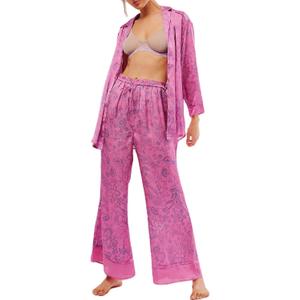 Women Satin Pajama Set Floral Silk Pajamas 2 Piece Lounge Sets Button Down Shirts Wide Leg Pants Pjs Sleepwear (Medium, Rosered)