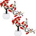 Dolicer 2 Pack Plum Blossom 2 string lights (without battery) Artificial Flowers Silk Blossoms with Ceramic Vase Double Branches Simulation Flower Blossom Potted Arrangement for Home Party Decor, Red