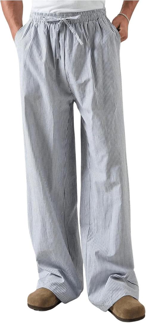 OYOANGLE Men's Striped Print Drawstring Pants Lightweight Beach Yoga Trouser Vacation Slacks Pants (X-Large, Blue)