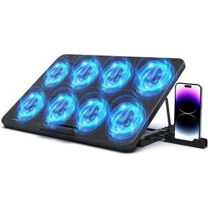 LIANGSTAR Laptop Cooling Pad, Laptop Cooler with 8 Quiet Fans for 12-17 Inch Gaming Laptop Fan Cooling Pad Stable Stand 7 Height & Wind Speed Adjustable, 2 USB Port & Phone Holder
