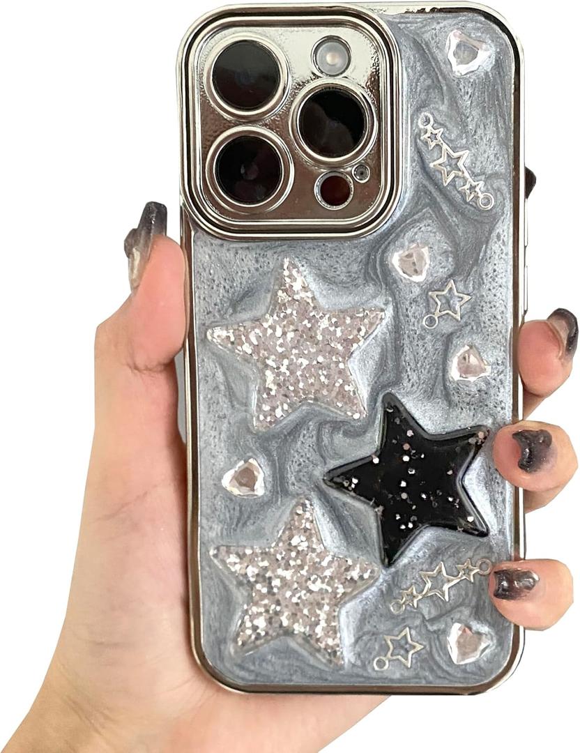 iPhone 15 Pro Max Case Silver 3D Stars Twinkle Glitter Y2K Pattern Cute Simple Stylish Aesthetic Personalized Design for Women Girls Phone Case, 6.7"
