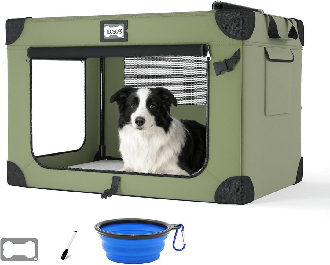 36 Collapsible Dog Crate, Soft Foldable Pet Kennel with 3-Door Mesh Windows, Soft Warm Blanket and Foldable Bowl, Indoor & Outdoor Portable Travel Crate, Green