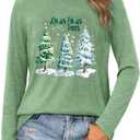 Christmas Long-sleeve T-shirt for Women Merry Christmas Pine Tree Lights Snow Xmas Pullover Holiday Top (Small, Green)